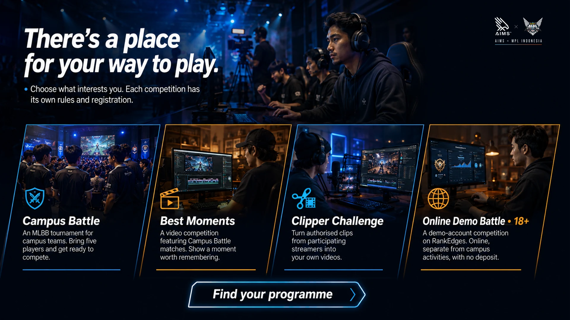 There’s a place for your way to play. · Choose what interests you. Each competition has its own rules and registration. · Campus Battle · An MLBB tournament for campus teams. Bring five players and get ready to compete. · Best Moments · A video competition featuring Campus Battle matches. Show a moment worth remembering. · Clipper Challenge · Turn authorised clips from participating streamers into your own videos. · Online Demo Battle • 18+ · A demo-account competition on RankEdges. Online, separate from campus activities, with no deposit. · Find your programme