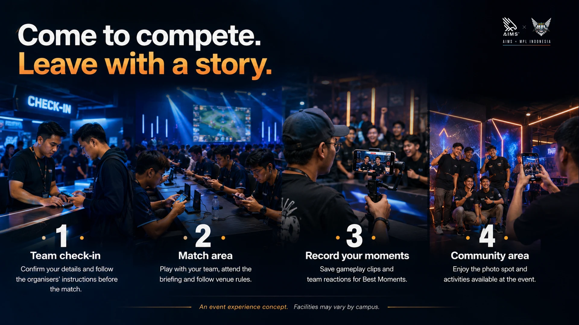 Come to compete. Leave with a story. · 1 · Team check-in · Confirm your details and follow the organisers’ instructions before the match. · 2 · Match area · Play with your team, attend the briefing and follow venue rules. · 3 · Record your moments · Save gameplay clips and team reactions for Best Moments. · 4 · Community area · Enjoy the photo spot and activities available at the event. · An event experience concept. Facilities may vary by campus.