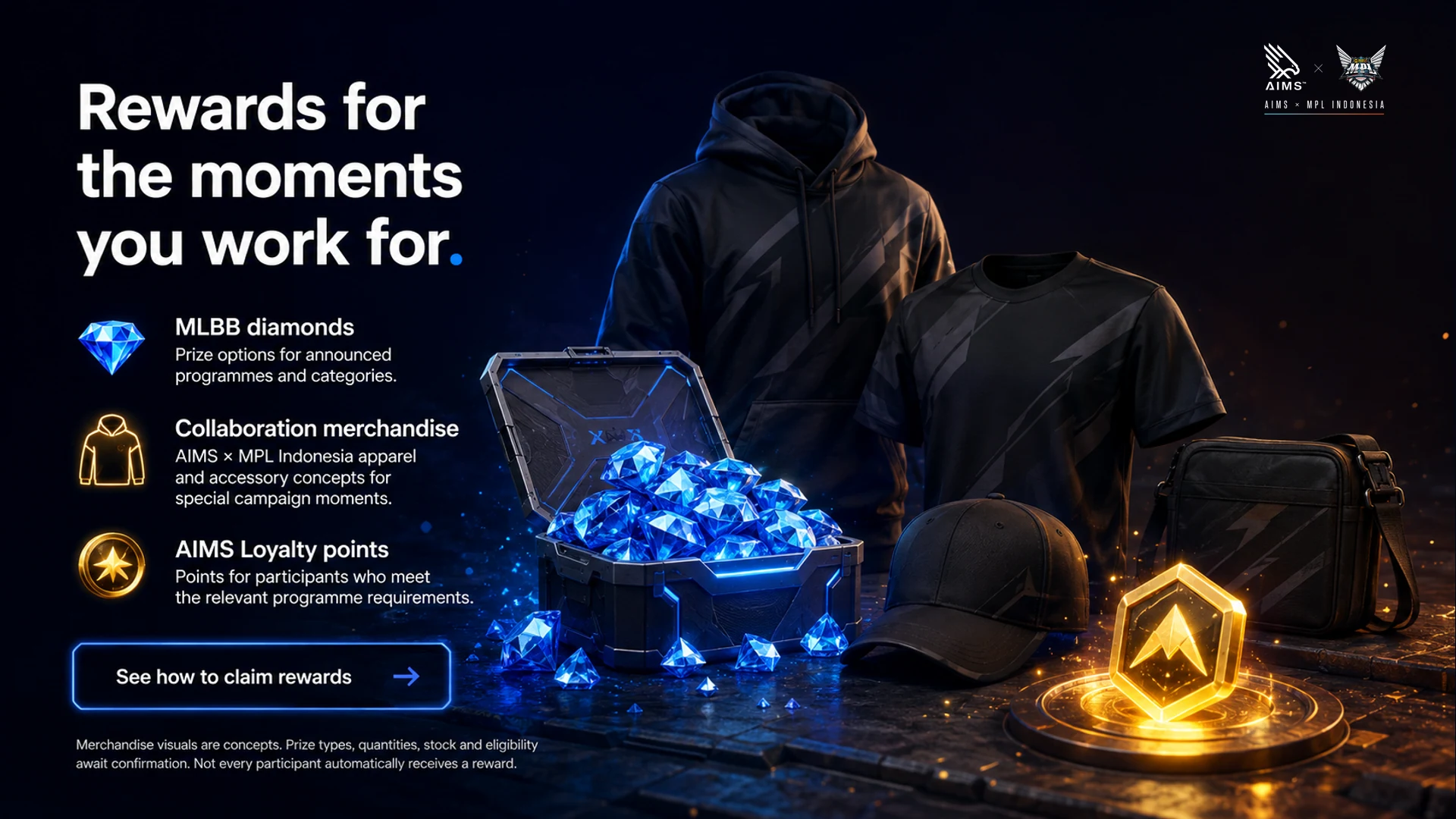 Rewards for the moments you work for. · MLBB diamonds · Prize options for announced programmes and categories. · Collaboration merchandise · AIMS × MPL Indonesia apparel and accessory concepts for special campaign moments. · AIMS Loyalty points · Points for participants who meet the relevant programme requirements. · See how to claim rewards · Merchandise visuals are concepts. Prize types, quantities, stock and eligibility await confirmation. Not every participant automatically receives a reward.
