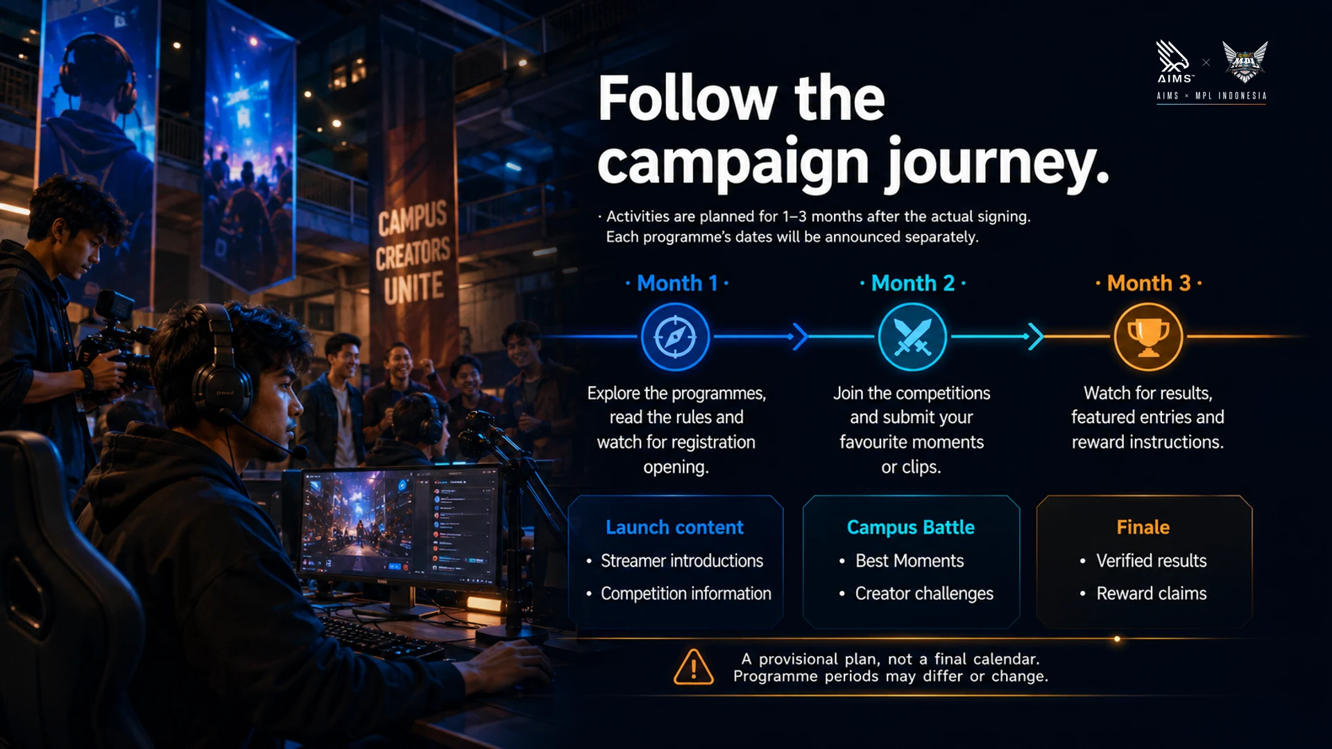 Follow the campaign journey. · Activities are planned for 1–3 months after the actual signing. Each programme’s dates will be announced separately. · Month 1 · Explore the programmes, read the rules and watch for registration opening. · Launch content • Streamer introductions • Competition information · Month 2 · Join the competitions and submit your favourite moments or clips. · Campus Battle • Best Moments • Creator challenges · Month 3 · Watch for results, featured entries and reward instructions. · Finale • Verified results • Reward claims · A provisional plan, not a final calendar. Programme periods may differ or change.