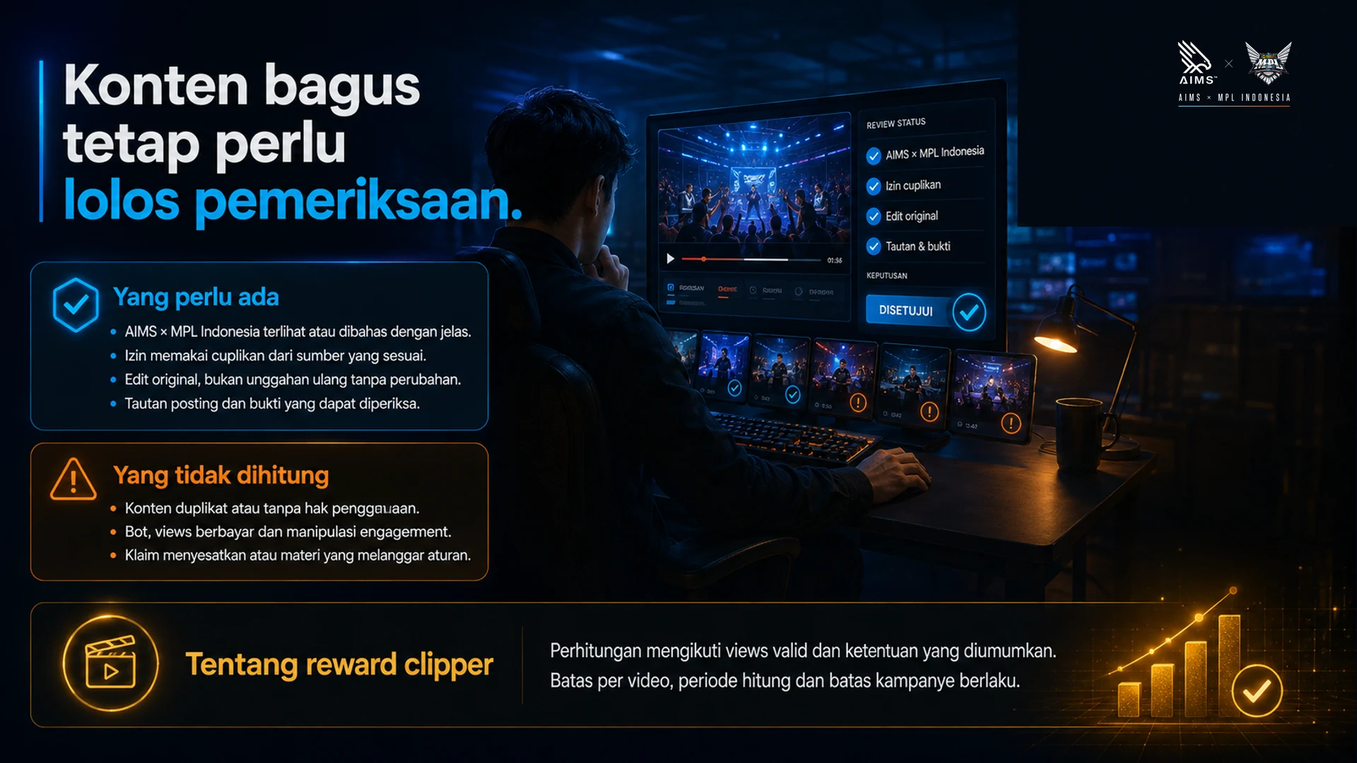Konten bagus tetap perlu lolos pemeriksaan. · Yang perlu ada · AIMS × MPL Indonesia terlihat atau dibahas dengan jelas. · Izin memakai cuplikan dari sumber yang sesuai. · Edit original, bukan unggahan ulang tanpa perubahan. · Tautan posting dan bukti yang dapat diperiksa. · Yang tidak dihitung · Konten duplikat atau tanpa hak penggunaan. · Bot, views berbayar dan manipulasi engagement. · Klaim menyesatkan atau materi yang melanggar aturan. · Tentang reward clipper · Perhitungan mengikuti views valid dan ketentuan yang diumumkan. Batas per video, periode hitung dan batas kampanye berlaku.