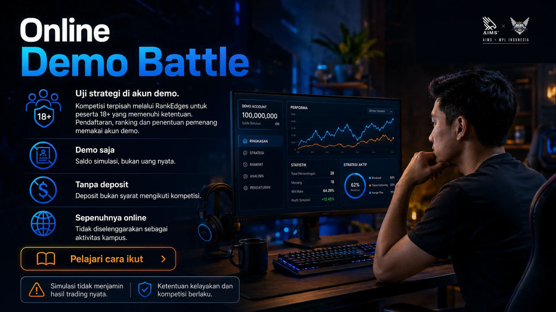 Online Demo Battle · Uji strategi di akun demo. · Kompetisi terpisah melalui RankEdges untuk peserta 18+ yang memenuhi ketentuan. Pendaftaran, ranking dan penentuan pemenang memakai akun demo. · Demo saja · Saldo simulasi, bukan uang nyata. · Tanpa deposit · Deposit bukan syarat mengikuti kompetisi. · Sepenuhnya online · Tidak diselenggarakan sebagai aktivitas kampus. · Pelajari cara ikut · Simulasi tidak menjamin hasil trading nyata. Ketentuan kelayakan dan kompetisi berlaku.